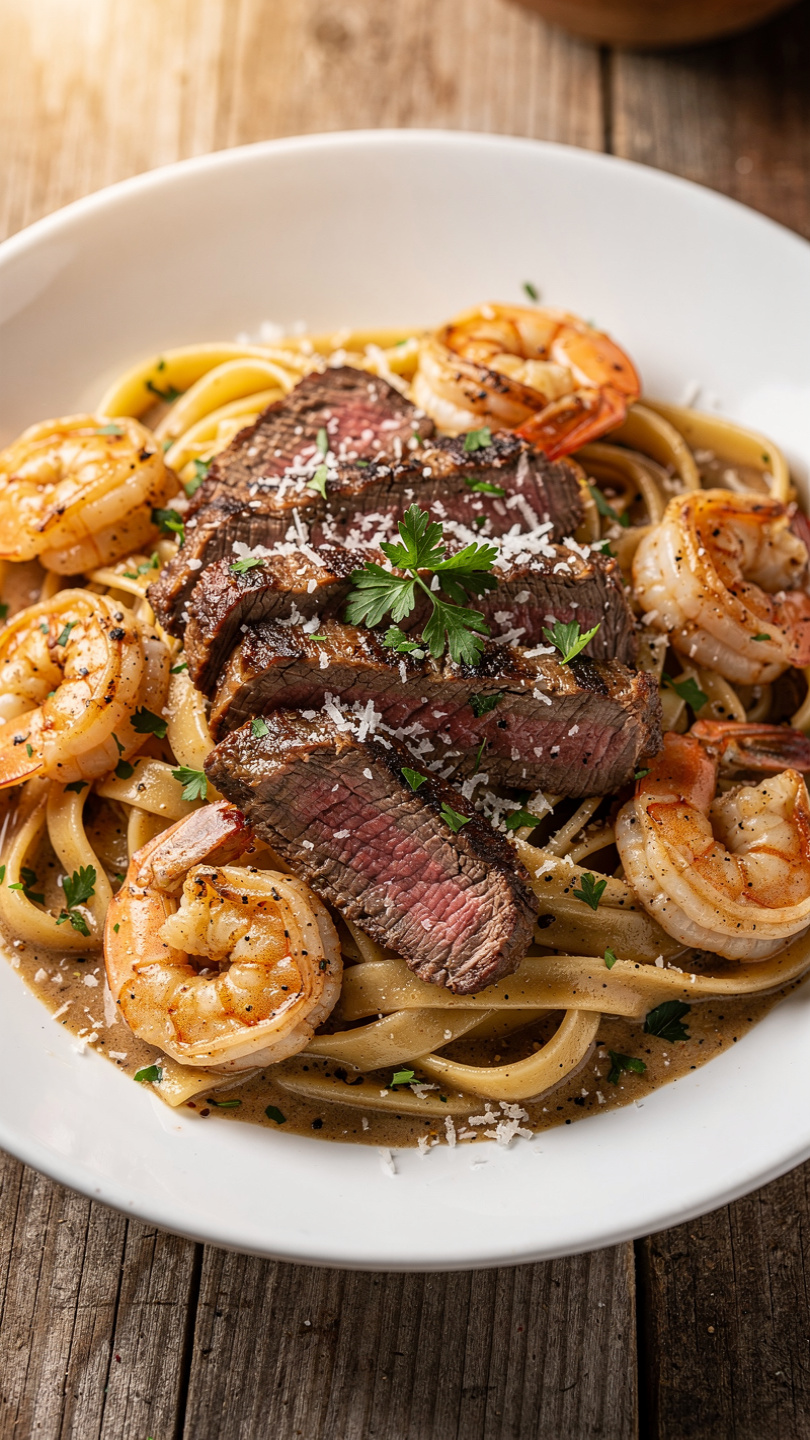 Steak and Shrimp Pasta with Cajun Alfredo Sauce