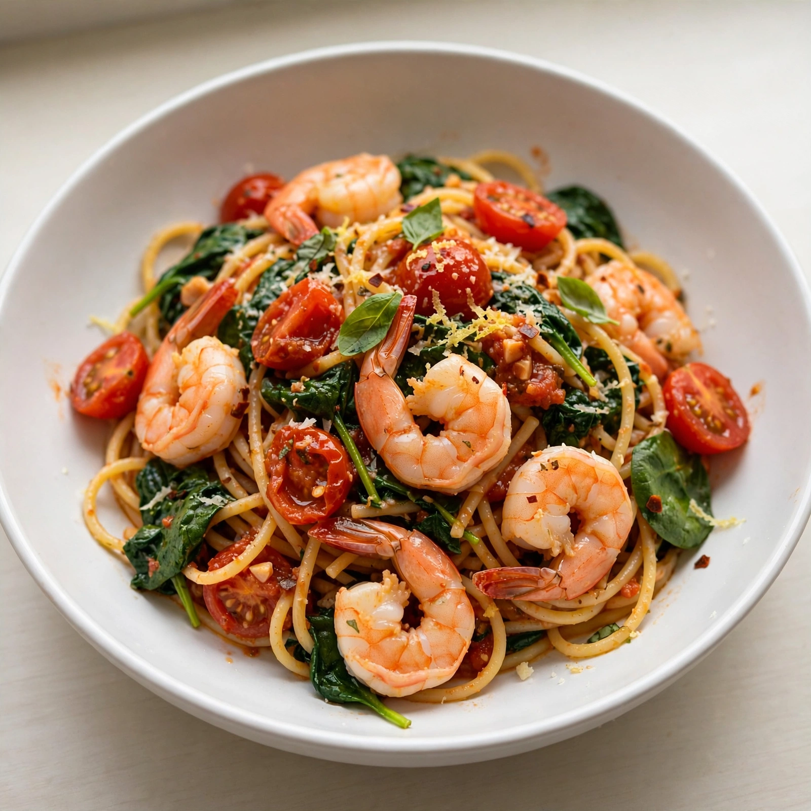 Tomato Spinach Shrimp Pasta